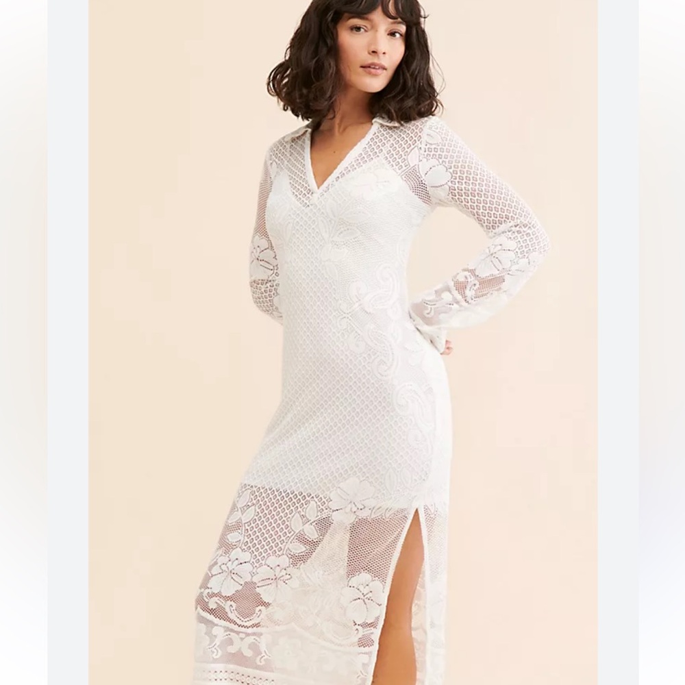 NWT! Free People White Lace V-Neck Midi Dress with Side Slit